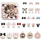 Beadthoven 48pcs 7 Styles Cute Alloy Enamel Bow Charm Pendants Light Gold Plated Pearl Bowknot Theme Mini Pendants for DIY Earring Bracelet Necklace Jewelry Making Keychain Accessories
