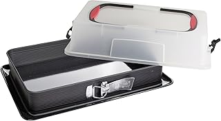 Zenker Rechteck-Springform mit Haube DELUXE, Kuchentransportbox mit Emaille-Boden, Backblech mit Deckel (Farbe: Schwarz/Transparent/Rot), Menge: 1 Stück