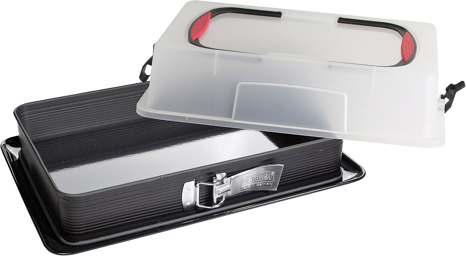 Zenker Rechteck-Springform mit Haube DELUXE, Kuchentransportbox mit Emaille-Boden, Backblech mit Deckel (Farbe: Schwarz/Transparent/Rot), Menge: 1 Stück
