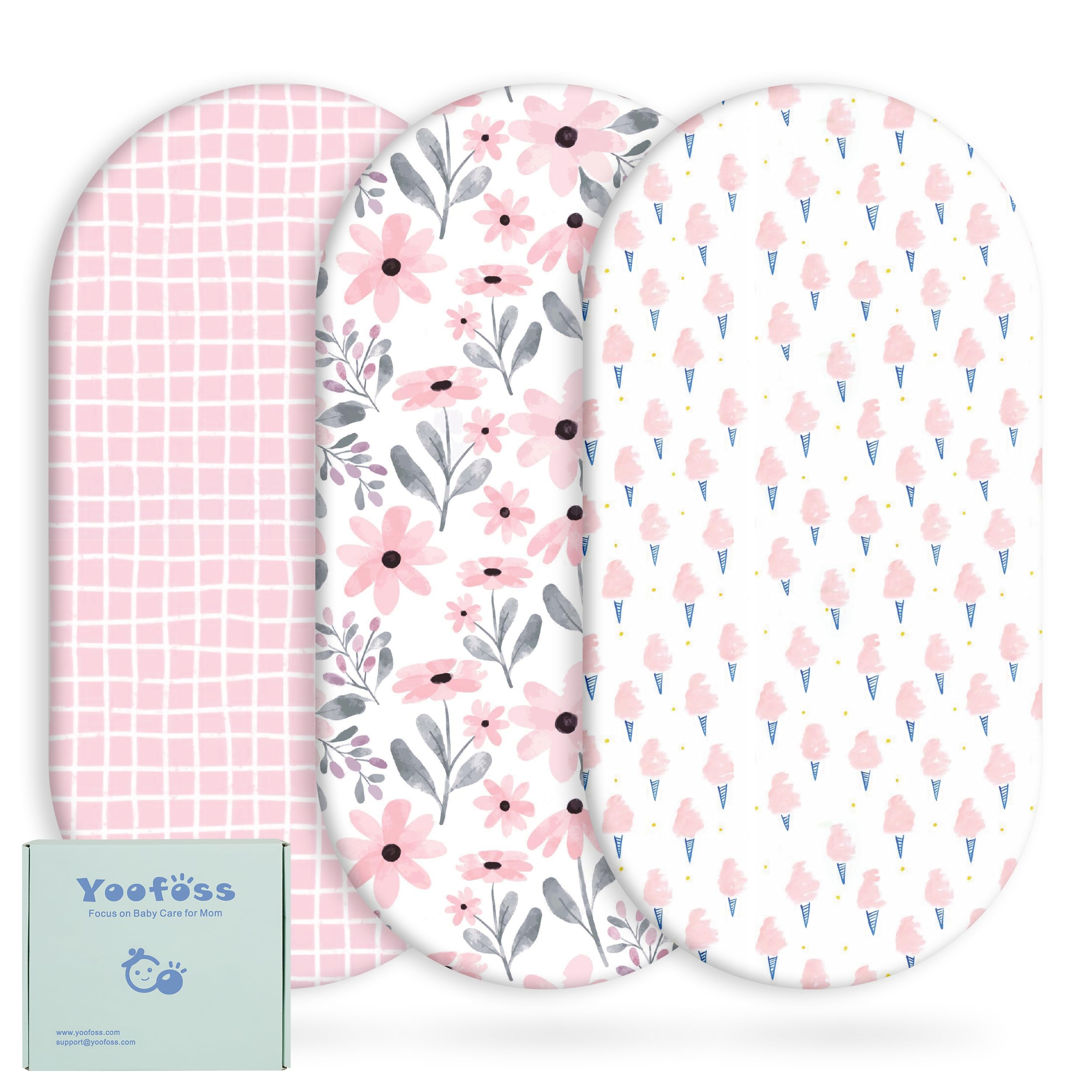 Photo 1 of Yoofoss Bassinet Sheets Baby Girl Boy, Fitted Bassinet Sheet Set 3 Pack Universal Fit for Cradle Moses Basket Oval Rectangle Round Hourglass Mattress,Soft Breathable (Pink+Floral)