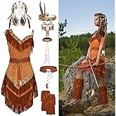Toulite 7 Pcs Halloween Native Costume Indian Costume Maiden Women Costume American Dress Outfit for Women
