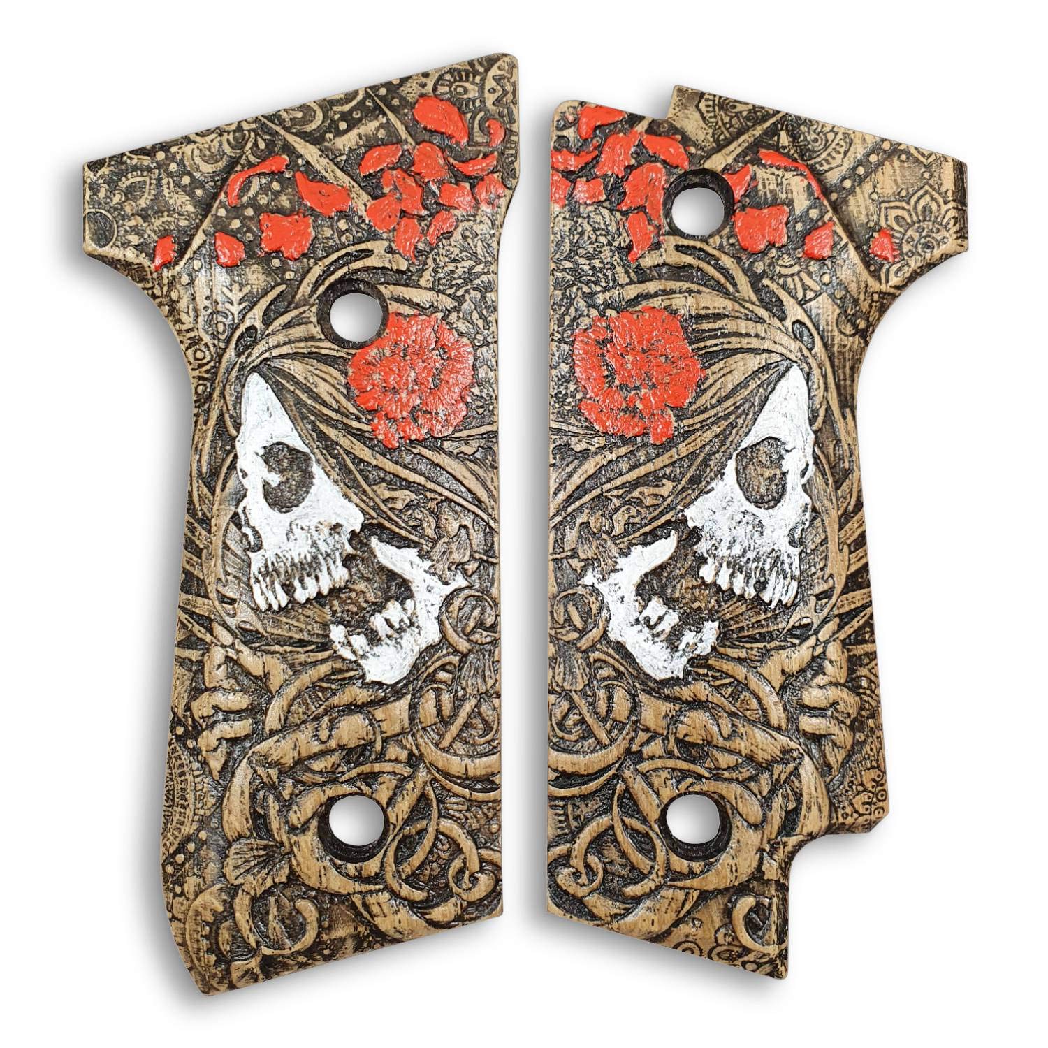 Beretta 92S Wood Grips Skull Rose Handmade