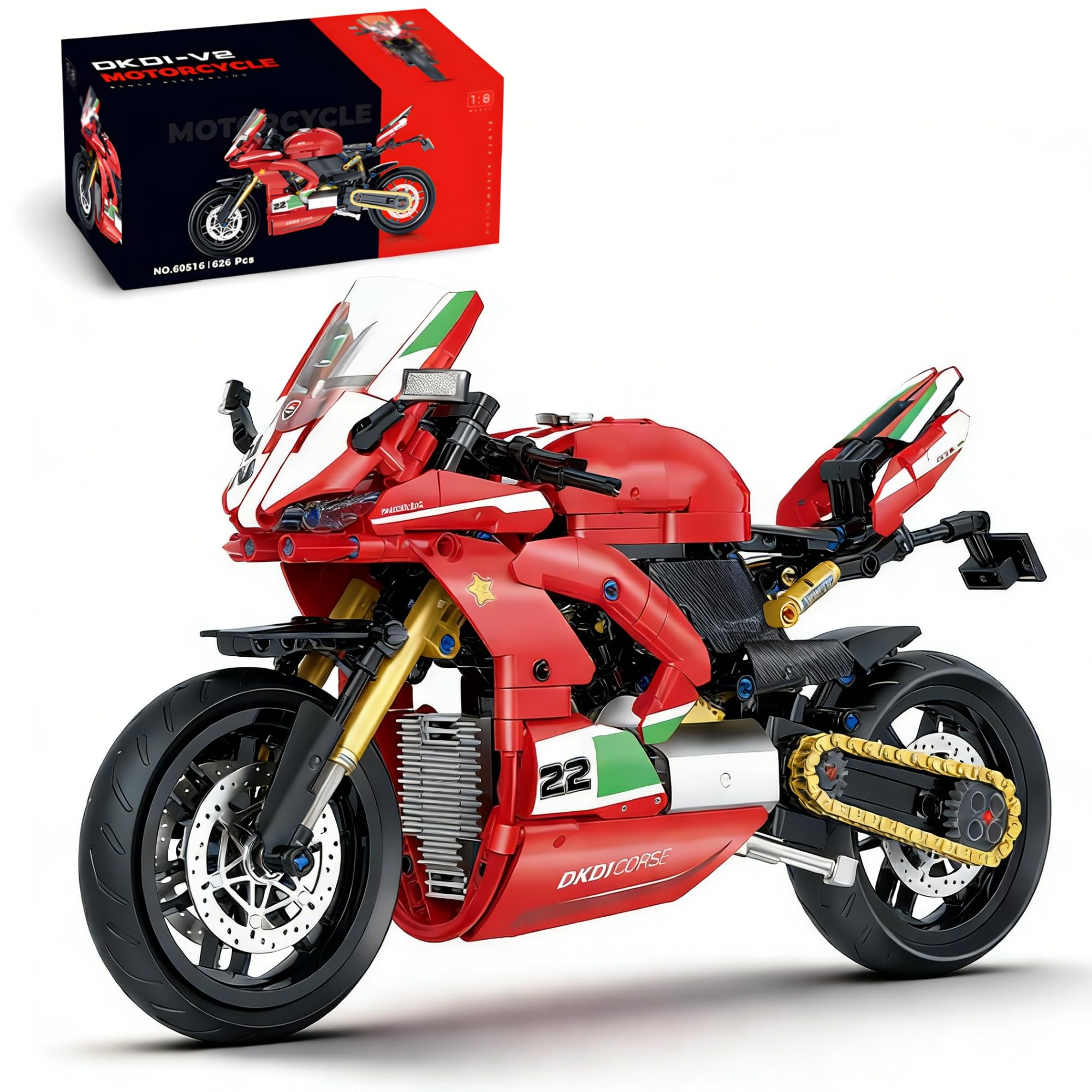 Ebortsin 1:8 Motorcycle Building Set for Adults, Dukadi V2 Motorbike Building Blocks Toy, 626 PCS Motorbike Bricks Kit Model Home Office Decor, Gift for Adults and Motorcycle Lovers