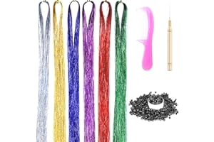 XIAO TAO ZI Hair Tinsel Kit with Tools 6 Colors 1200 Strands 43 Inch Tinsel Hair Extensions for Women and Girls Sparkling Shiny Hair Highlights Glitter Hair Pieces for Christmas Cosplay Party (43 inch,6 Colors)