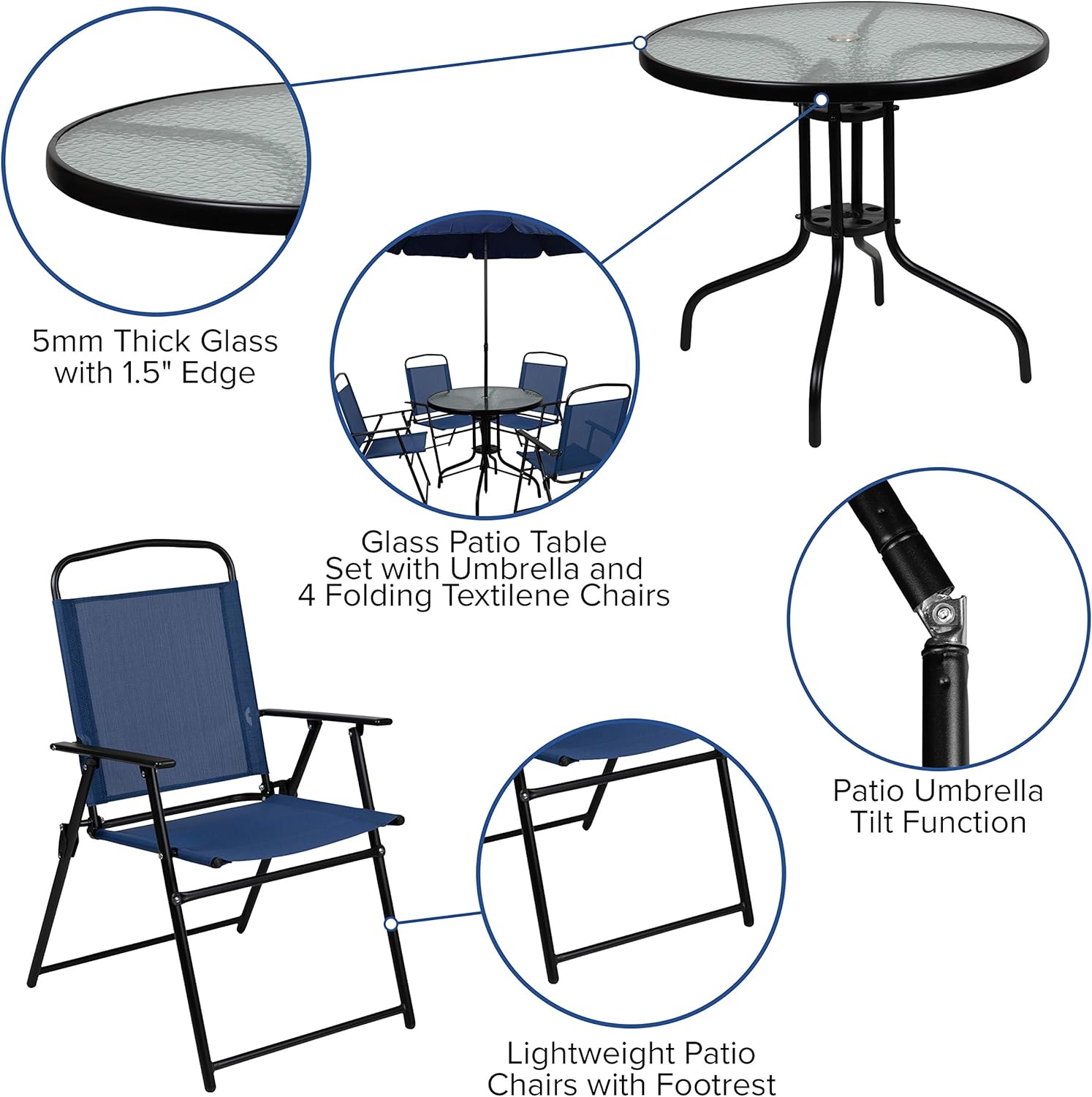 Flash Furniture Nantucket 6 Piece Patio Garden Table Set - Umbrella Table - Set of 4 Navy Folding Chairs : Garden & Outdoor