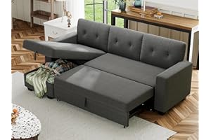 Shahoo Sofa Bed Reversible Convertible Sleeper Pull Out Couches with Storage Chaise, Linen Fabric Furniture for Living Room, Apartment, Dark Gray