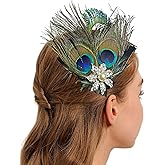 changyexi 1920s Great Gatsby Flapper Headpiece, Green Peacock Feathers Hair Clip, Vintage Hair Accessories for Women - for Roaring 20s headband Parties