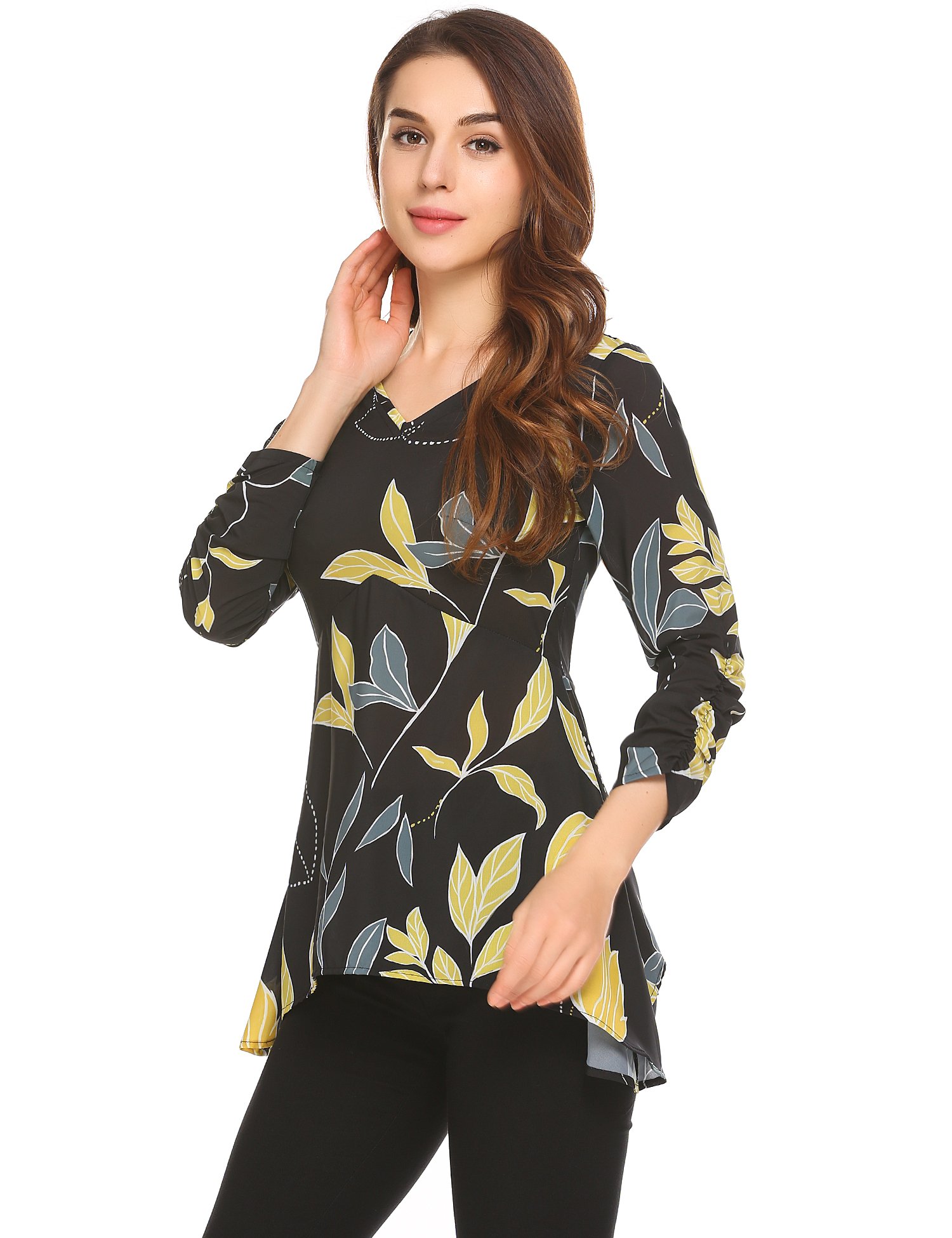 Venena Womens 3/4 Sleeve V Neck Asymmetrical Hemline Flowy Tunic Top