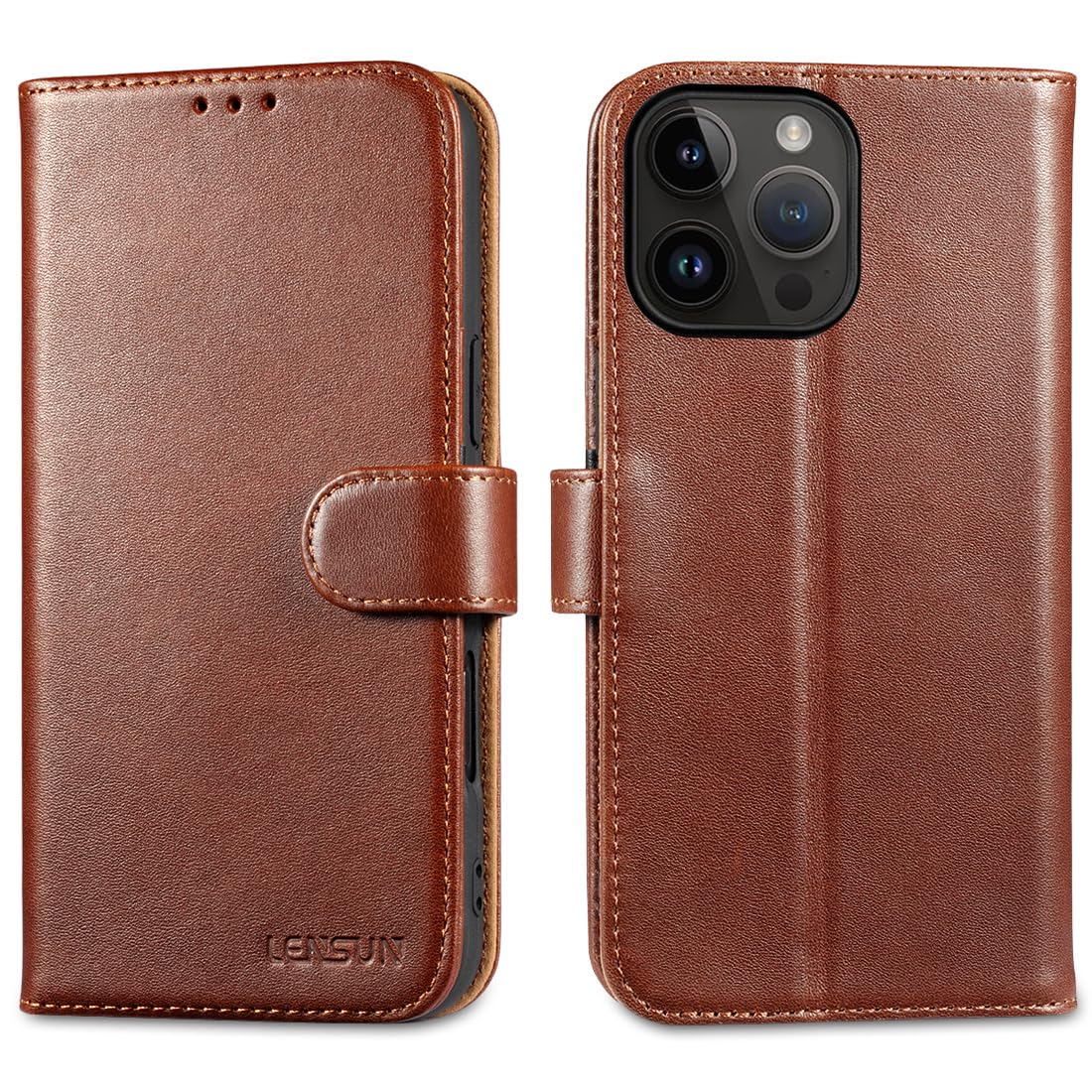 LENSUN Genuine Leather Case for iPhone 16 Pro Max, Wallet Case Cover [RFID Blocking][Card Slots][Magnetic Clasp] for Apple iPhone 16 Pro Max 5G - Dark Brown