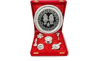 BENGALEN Pooja Thali Set Silver Plated with Red Gift Box Designed 22 cm Puja Plate Kalash Bowl Ghanti Spoon Dhup Dan Diya for Home Office Diwali Wedding Return Gift Items