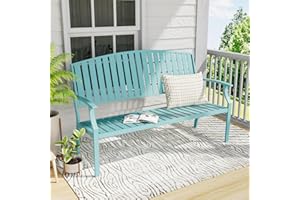 RICNOD Outdoor Aluminum Bench with Backrest, Patio Metal 3-Seater Chair for Porch Balcony Deck Lawn Garden Poolside Yard (Blue)