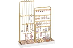SONGMICS Jewelry Holder, Jewelry Storage Organizer Stand with Metal Frame, Velvet Tray, 12.1 to 18.7 Inches Tall Height Adjustable Necklace Holder, for Rings, Christmas Gift, Earrings, Pale Gold