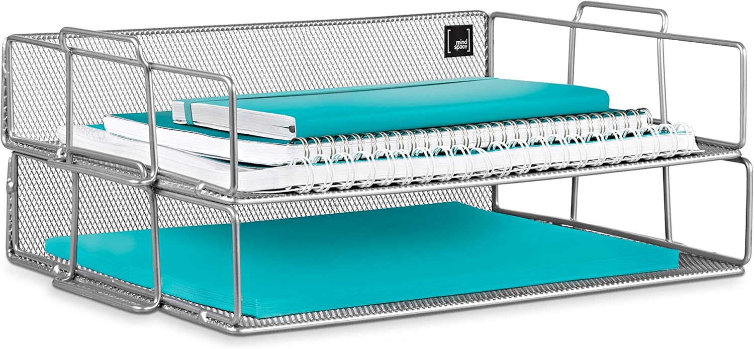 Mindspace 2 Tier Stackable Letter Tray| Paper Tray Desk Organizer | The Mesh Collection, Silver : Office Products