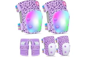 LEMMEKO Knee Pads for Kids with LED Lights, Kids Knee Pads and Elbow Pads Wrist Guards Set with Drawstring Bag for Girls 3-8 Years Adjustable Protective Gear Set for Scootering Cycling Skateboarding