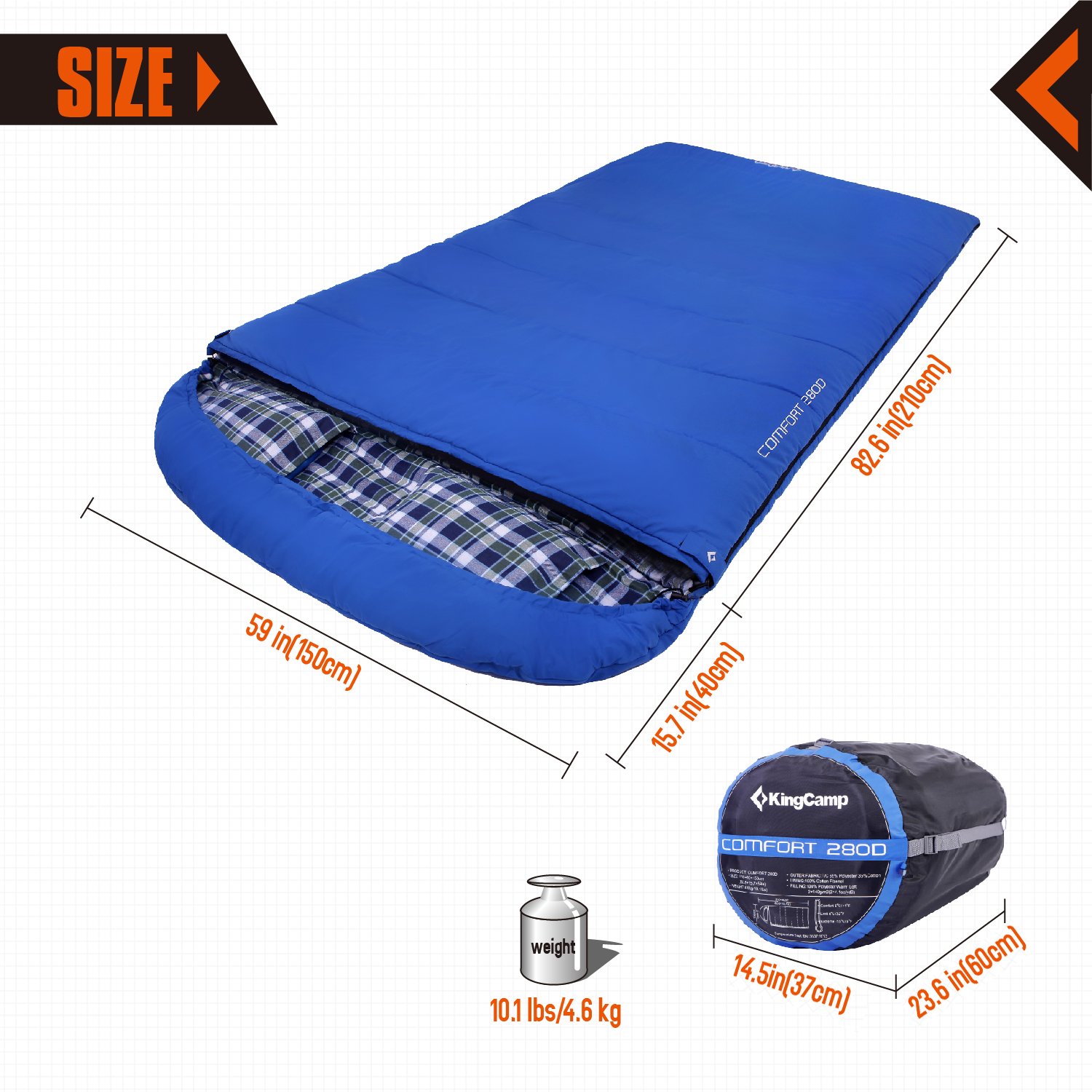 KingCamp All Season 5F/-15C Poly-cotton Sleeping Bag Cotton Flannel Lining with Pillow (Queen, Adult, Youth Size)