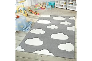 PACO HOME Modern Kids Rug with Clouds in Grey Pastel for Nursery, Size: 5'3" x 7'7"