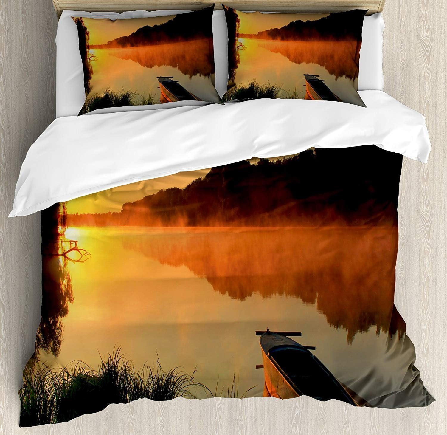 Lake 3 Piece Bedding Set Duvet Cover Set, Boat on the Shore of a Misty