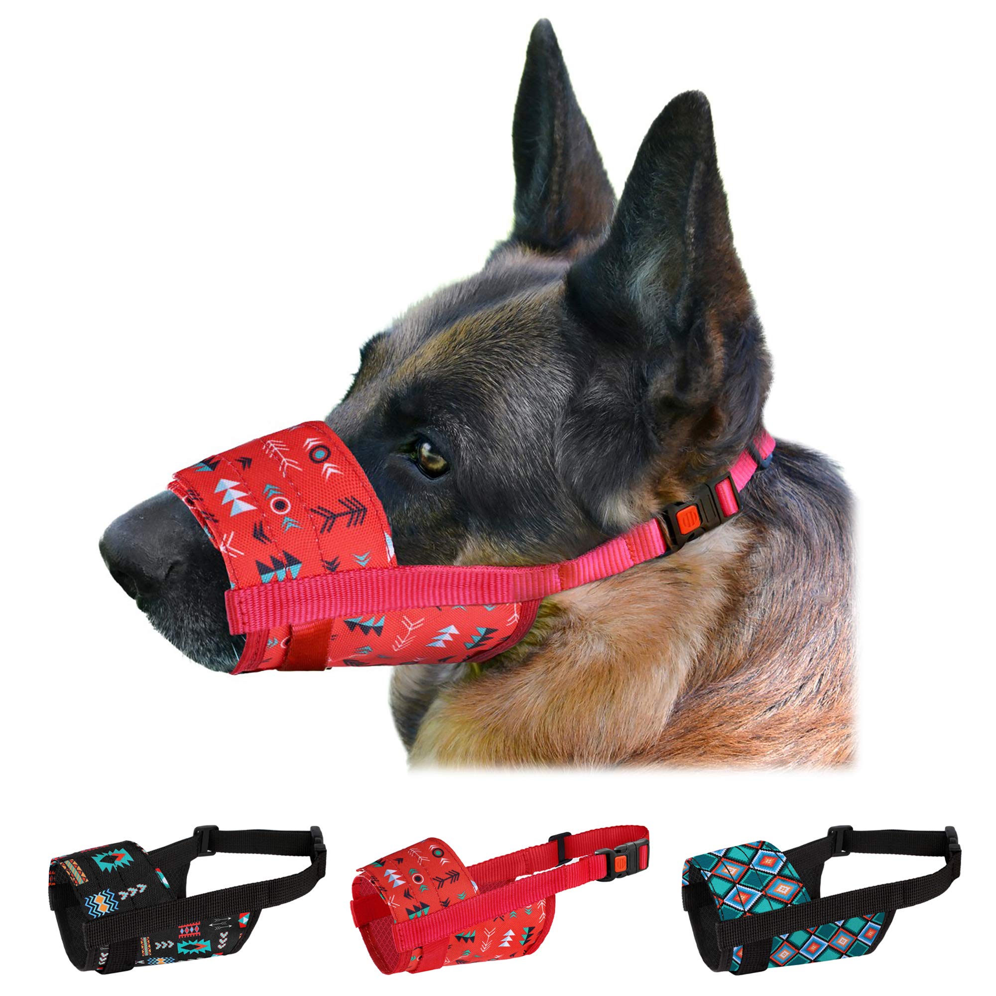 CollarDirect Dog Muzzle for Small Medium Large Dogs Soft Breathable Nylon Safety Pattern Mouth Cover Anti Biting Barking Print Pet Muzzles (Pattern 1, M/L)