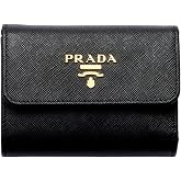Prada Black Hibiscus Saffiano Leather Trifold Coin Zip Card Wallet Gold New | Eight card slots Bill compartment Zipper pocket Box and Authenticity cards included