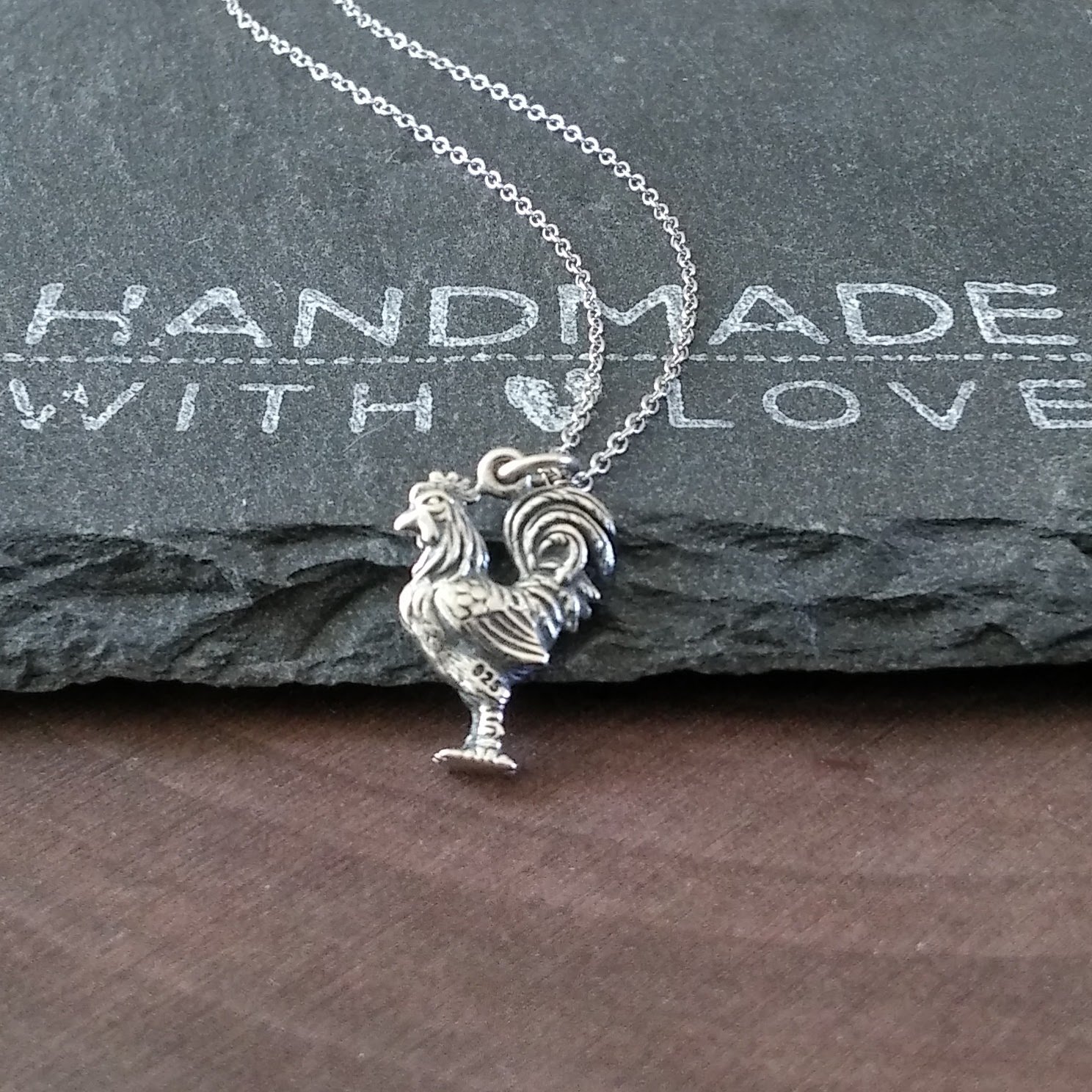 Sterling Silver Rooster Charm Pendant Necklace Handmade