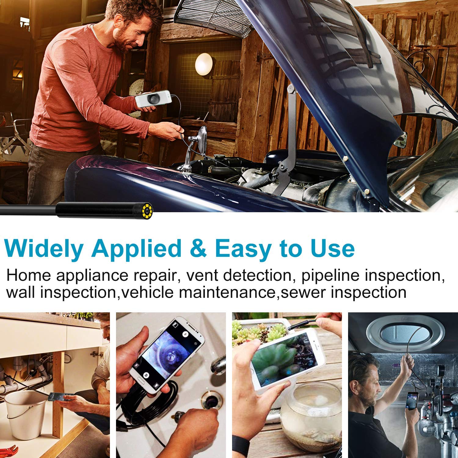 Wireless Endoscope Camera, Baqsoo 2.0 MP 1080P HD WiFi Borescope Inspection Camera IP67 Waterproof Inspection Snake Camera for Android and iOS Smartphone, iPhone, Samsung, Tablet-Black(16.4FT)