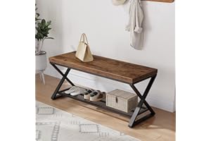 LVB Rustic Entryway Bench with Shoe Storage, Wooden and Metal Shoe Bench with Seating, Industrial Indoor Bench for Living Roo
