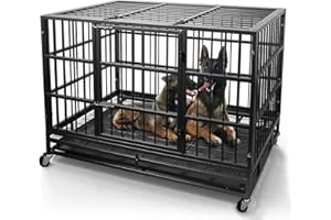 Oranland 48/38 Inch Heavy Duty Dog Crate Cage Kennel with Wheels, High Anxiety Indestructible, Sturdy Locks Design, Double Door and Removable Tray, Extra Large XL XXL
