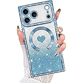 Fiyart Designed for iPhone 17 Pro Case,Compatible with MagSafe Love Hearts Plating Soft Slim TPU Sparkle Rhinestone Glitter Shockproof Phone Bumper for Women Girls 6.3"-Blue