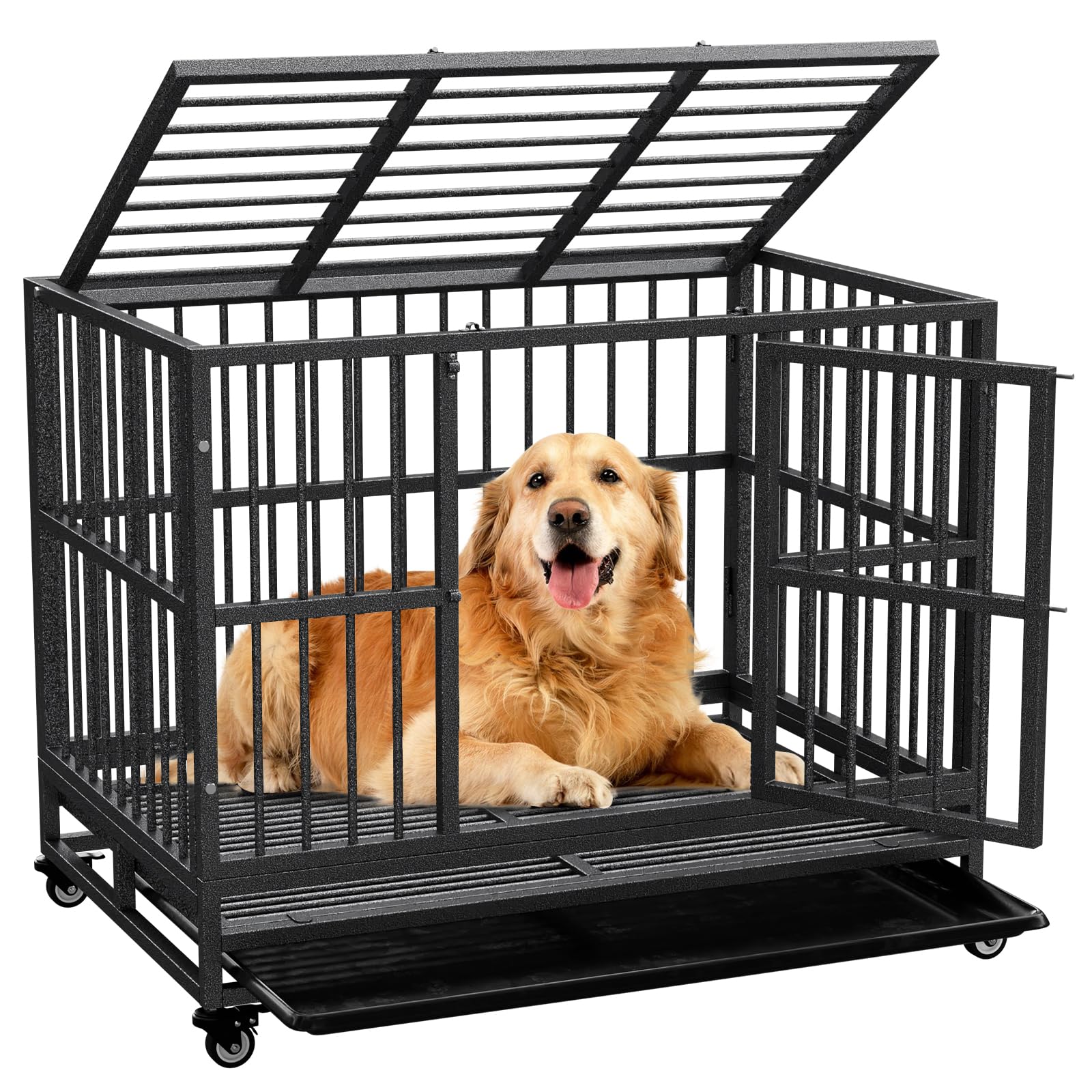 Photo 1 of TCMOT Dog Crate with Removable Tray, 37/42/46 Inch Indestructible and Escape Proof Steel Dog Cage Kennel for High Anxiety Dogs, Heavy Duty Dog Crate with Wheels, Double Door, Extra Large XL XXL