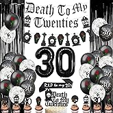 Death To My 20s Decorations, Fiesec Rip To My Twenties Funeral For My Youth 30th Birthday Decorations Fringe Curtain Balloon Gothic Letter Banner Sash Cake Cupcake Topper Tombstone Skull Rose Black