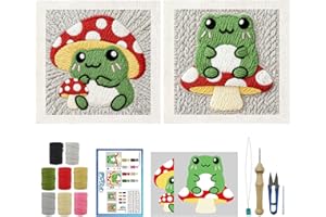 ORIGACH 2 Set Embroidery Punch Needle Kit with Frame, Frog & Mushroom Needle Punching Kit with Patterns, Threads, Tools & Instructions for Beginners & Adults, DIY Wall Hanging Decor