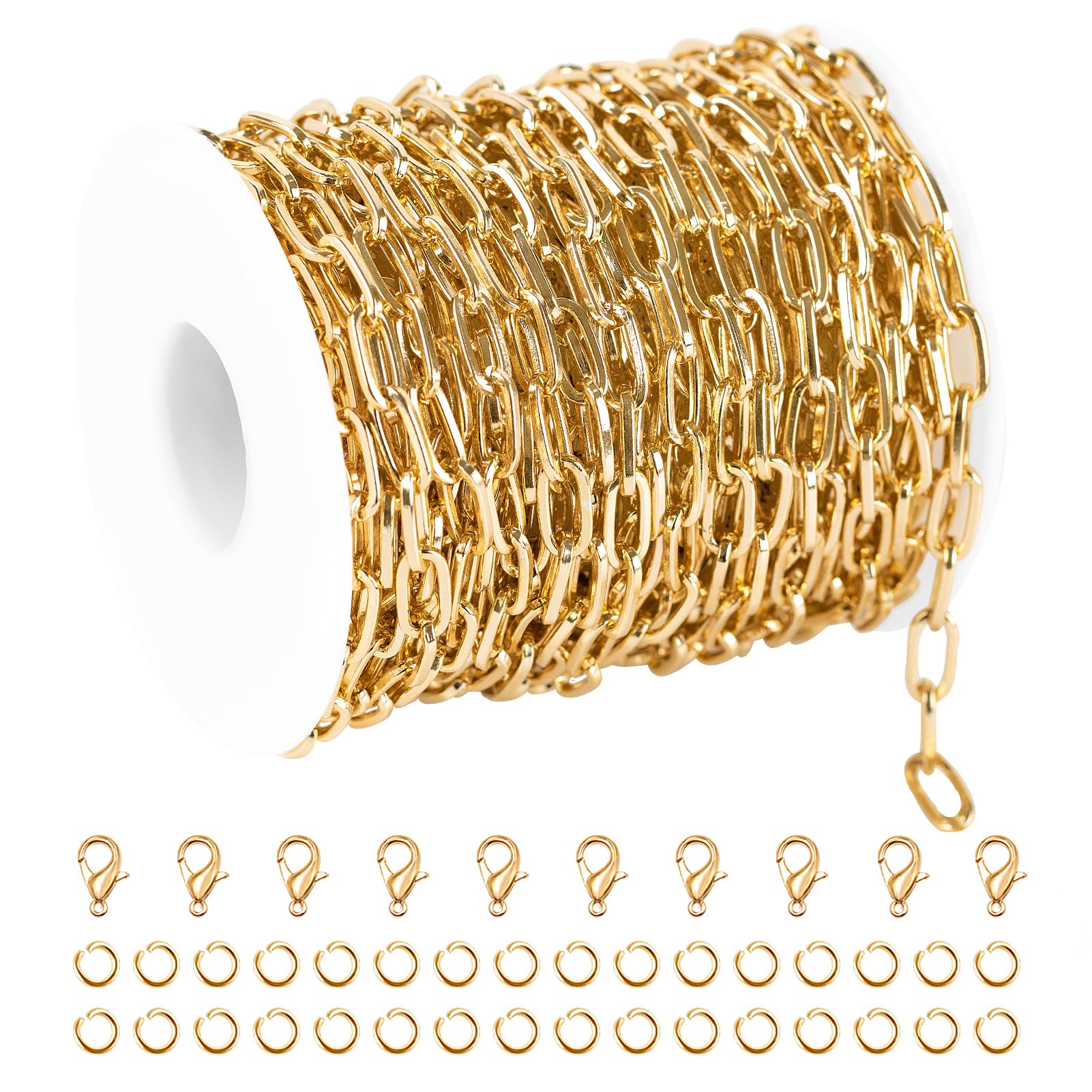 Photo 1 of Jabogrii 32.8 Feet Gold Plated Aluminum Jewelry Making Chains Thin Paperclip Chain Spool DIY Craft Chain with Lobster Clasps and Open Jump Rings