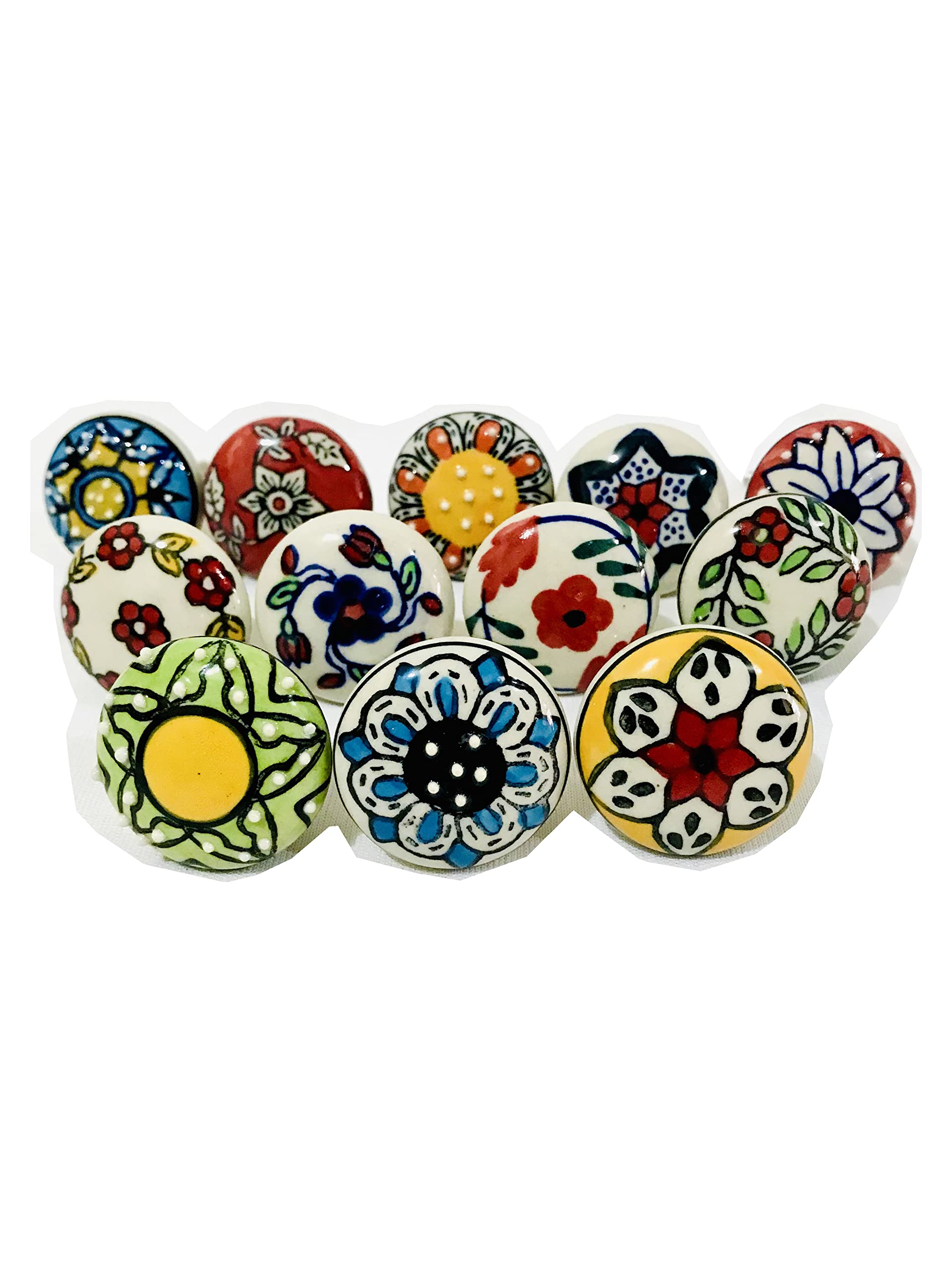 Gavya International Multicolour Vintage Hand Painted Ceramic Pull Knobs for Kitchen Cabinet, Door & Drawer, Wardrobe, Cupboard (Set of 12)