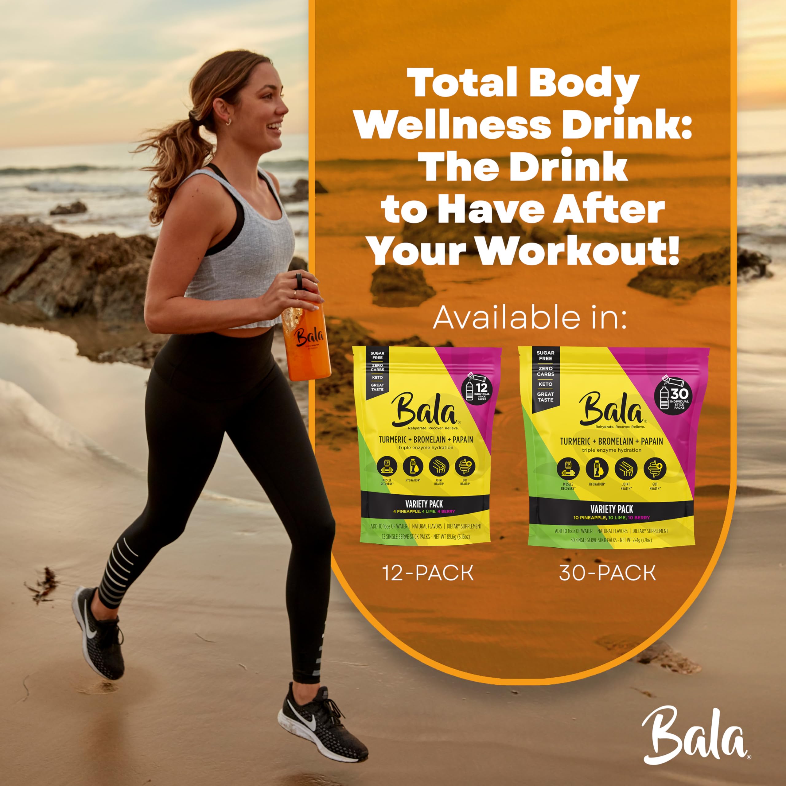 Bala Enzyme Hydration & Sugar-Free Drink Mix - Turmeric, Bromelain, Papain - Immunity, Mobility - Variety Pack 0.25oz (12 Count)