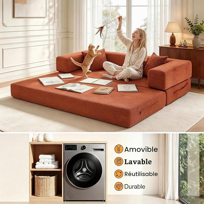 5 en 1 Versatile Canapé Compressé, Fabriqué en Velours Côtelé de Haute Qualité avec Forme de Mémoire Haute Densité, 160cm Canapé Convertible 2 Places pour Appartement, Orange