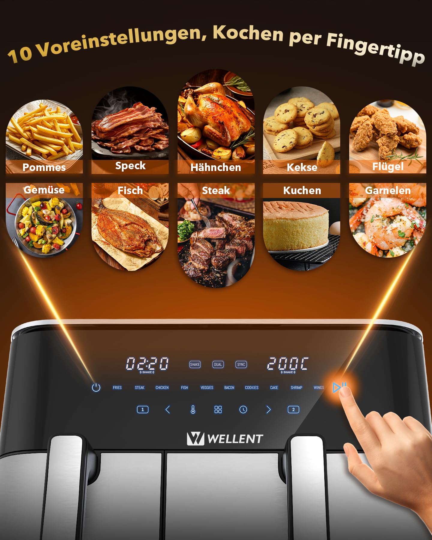 Heißluftfritteuse 2 Kammern, 2600W 11L Airfryer XXL(4+7L) WELLENT 10-in-1 Heissluftfritteuse Doppelkammer Air fryer Dual Zone mit Touchscreen, Match & Synchronisierungsfunktion, spülmaschinenfest 5