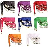 MOLFUJ 8 Pcs Belly Dance Hip Scarf, Belly Dancing Skirt with 128 Gold Coins, Belly Dancer Belt Scarf Skirt for Women 8 Colors