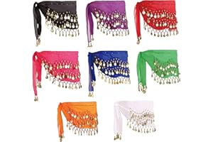 MOLFUJ 8 Pcs Belly Dance Hip Scarf, Belly Dancing Skirt with 128 Gold Coins, Belly Dancer Belt Scarf Skirt for Women 8 Colors