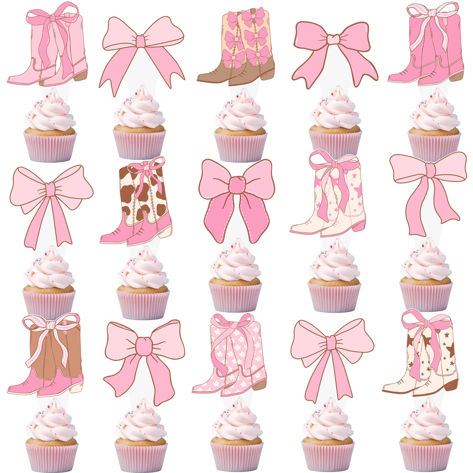 Photo 1 of Cowgirls Boots Bows Cupcake Toppers Coquette Cake Decorations 48Pcs Pink Cowgirls Boots Cupcake Picks for Western Birthday Baby Shower Party Supplies