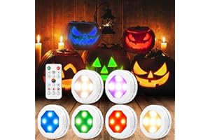Litake Halloween Jack-O-Lantern Lights, Dimmable Timer RGB Color Changing Pumpkin Lights with Remote Control AA Battery Operated Push Touch, Stick on Pumpkin Lighting for Halloween Decoration 6 Pack