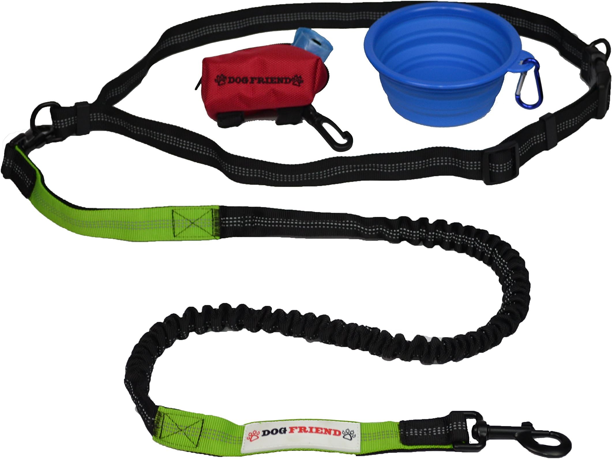 Dogfriend Premium Hands-Free Tummy Dog Lead, Flexible Adjustable Waist Lead for More Freedom of Movement During Walks, Belt Bag and Drinking Bowl Included Elastic jerk absorption.