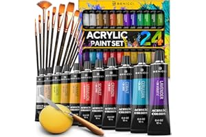 BENICCI Complete Acrylic Paint Set – 24х Rich Pigment Colors – 12x Art Brushes with Bonus Paint Art Knife & Sponge – for Painting Canvas, Clay, Ceramic & Crafts, Non-Toxic & Quick Dry – for Kids & Adults