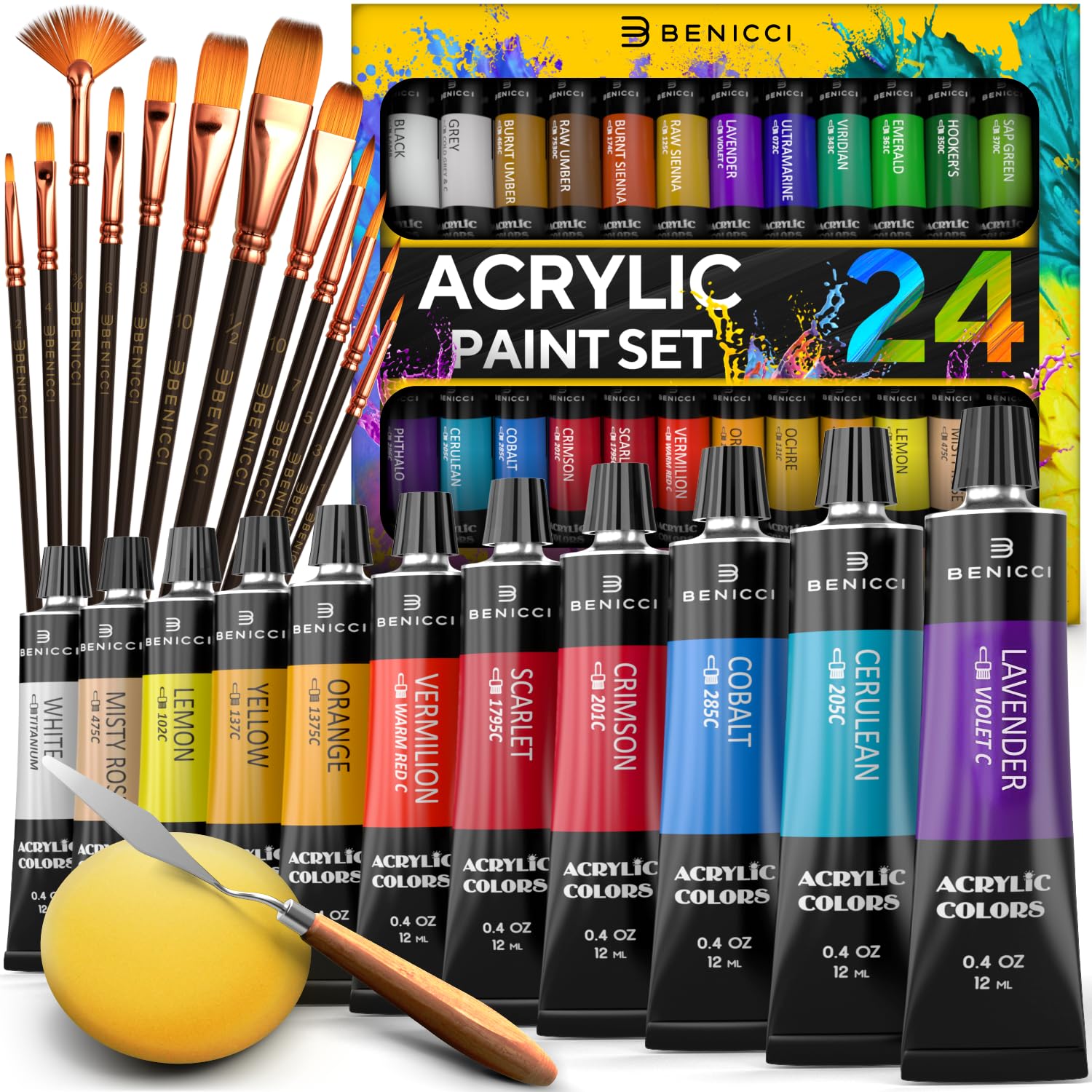 Complete Acrylic Paint Set – 24х Rich Pigment Colors – 12x Art Brushes with Bonus Paint Art Knife & Sponge – for Painting Canvas, Clay, Ceramic & Crafts, Non-Toxic & Quick Dry – for Kids & Everyone!