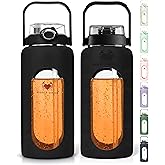 MIGHTY VESSEL 64 Oz Water Bottle with Time Marker & Straw - Black Pregnancy 2 Liter Glass Water Bottles with Measurements - Daily intake bottle - Leakproof Borosilicate jug