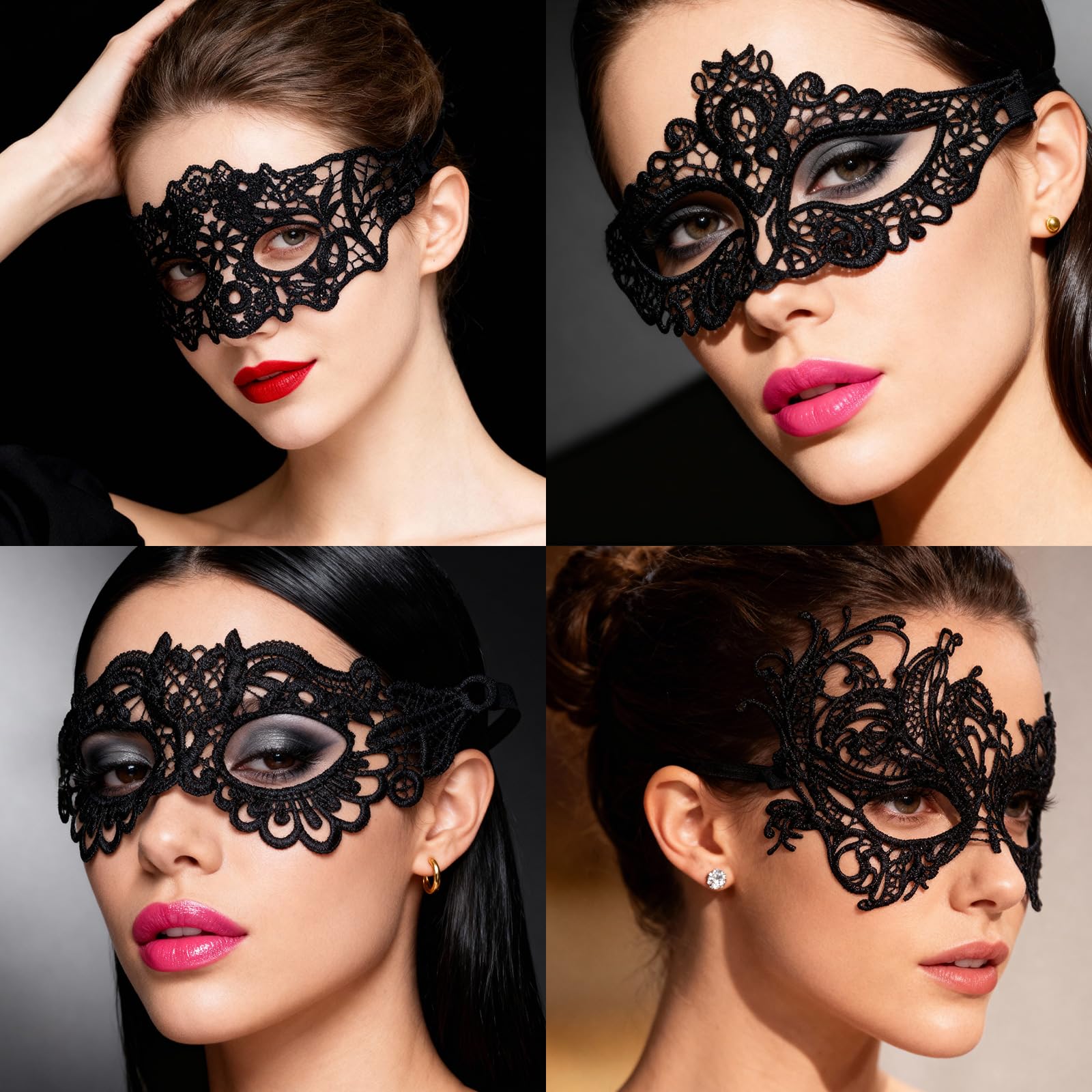 HYMC 4pcs Sexy Black Lace Masquerade Mask for Women, Adjustable & Universal Size, Soft Comfortable Venetian Style Masks for Party Evening Prom Ball Bachelorette Party Costume Accessories