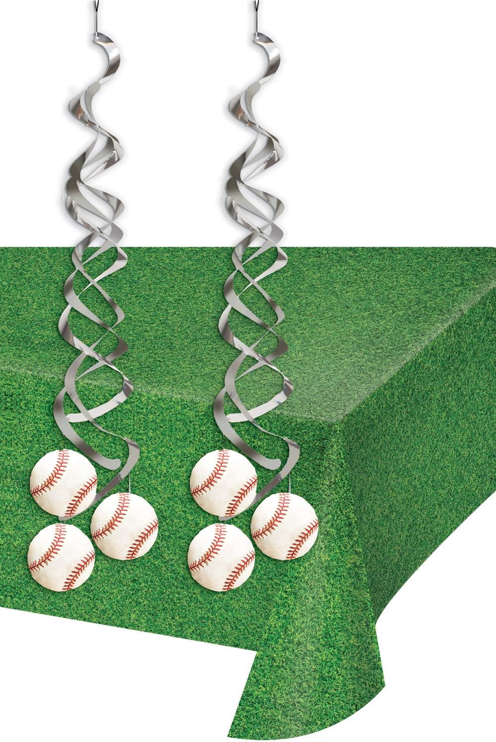 Baseball Party Supplies - Metallic Hanging Baseball Whirls and Green Grass Outfield Table Cover