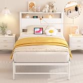 Merronix Twin Bed Frames with Charging Station and Storage Headboard, White | Heavy duty metal platform with 2-tier storage, charging station. No box spring needed