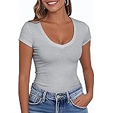 PALINDA Women's V Neck Fitted Shirts Basic Casual Stretchy T Shirt Short Sleeve Summer Tops
