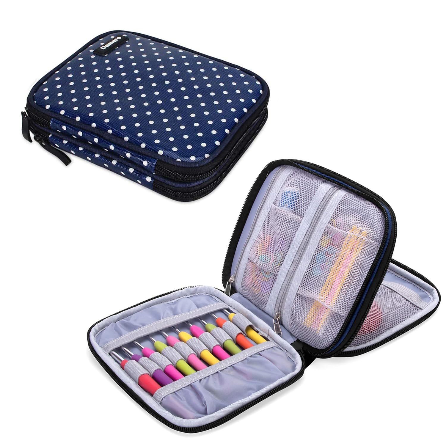 Damero Crochet Hook Case Organizer Empty, Medium, Blue Dots | Crochet Hook Holder Zipper Bag with Web Pockets for Crochet Nee
