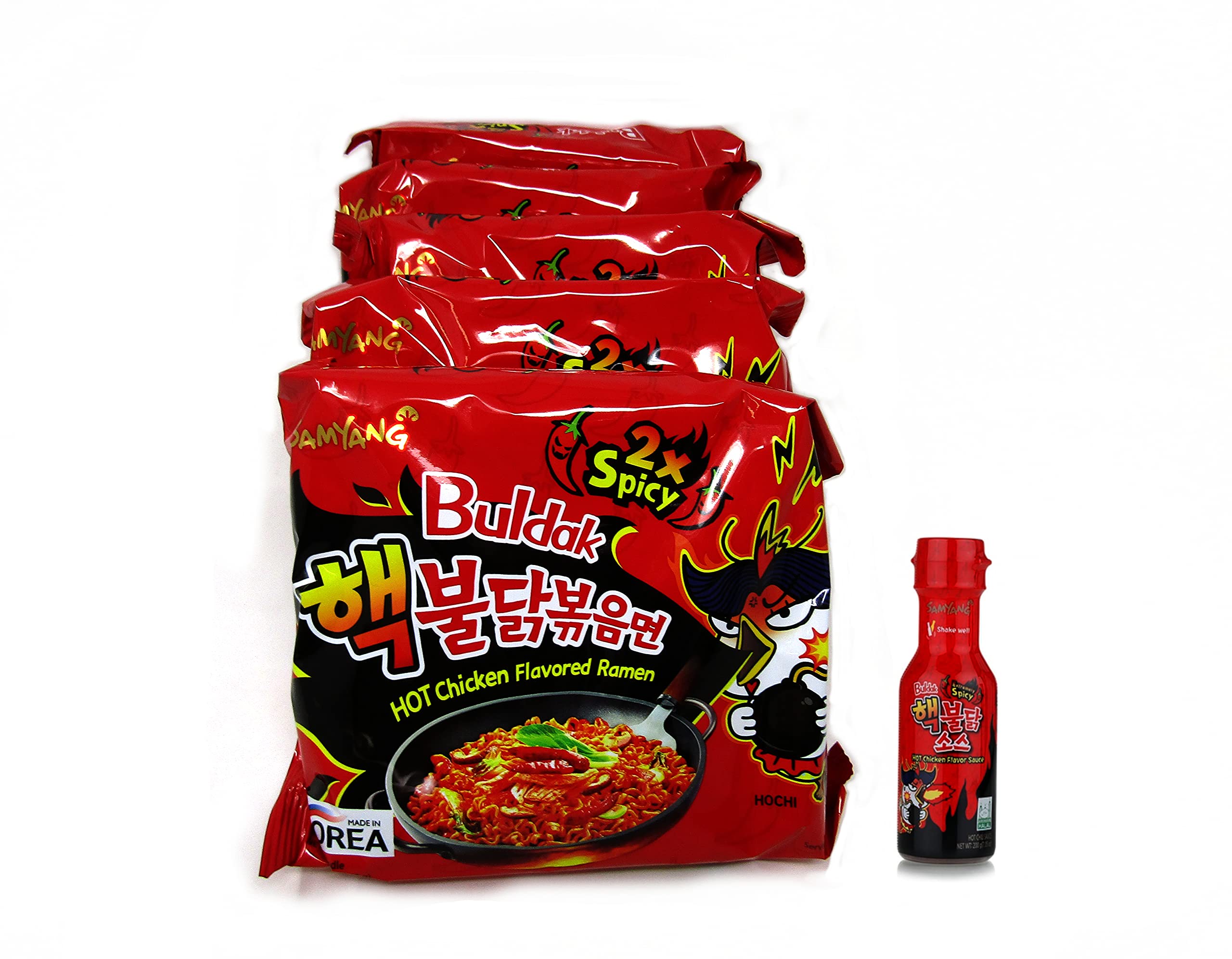 Samyang Buldak Hot Chicken Flavored Ramen 2X Spicy Bundled With 2X Extreme Hot Chili Sauce (5 Pack +